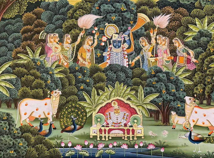 Sewa Kunj - Handmade Pichwai Painting with Real Gold Leafing (Unframed / 120.4 x 90.9 cm)