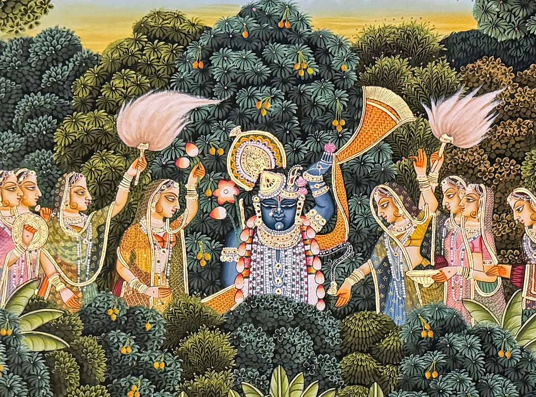 Sewa Kunj - Handmade Pichwai Painting with Real Gold Leafing (Unframed / 120.4 x 90.9 cm)