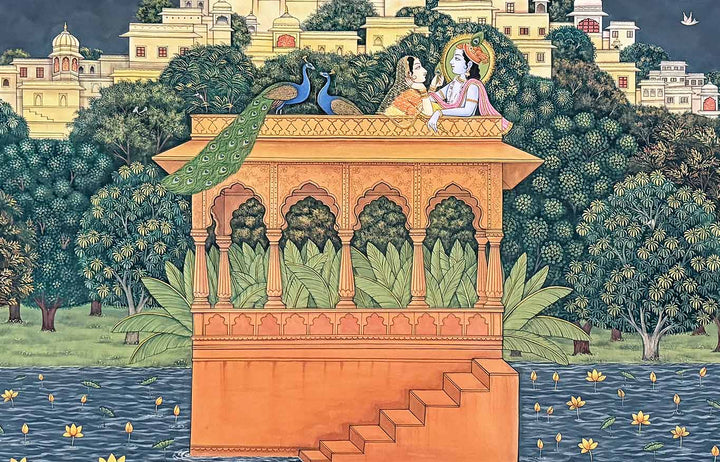 Serenity on the Terrace- Pichwai Painting (Handmade / Unframed / 121.9 x 182.8 cm)