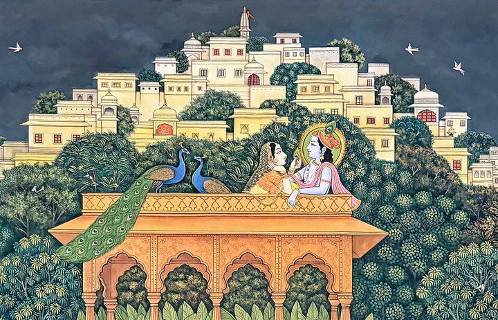 Serenity on the Terrace- Pichwai Painting (Handmade / Unframed / 121.9 x 182.8 cm)