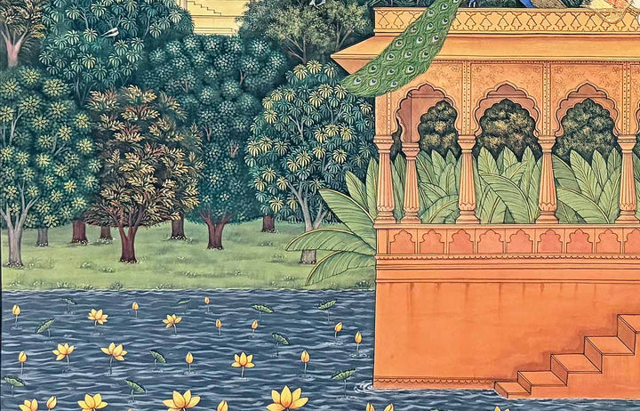 Serenity on the Terrace- Pichwai Painting (Handmade / Unframed / 121.9 x 182.8 cm)