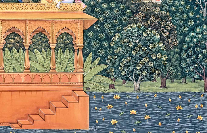 Serenity on the Terrace- Pichwai Painting (Handmade / Unframed / 121.9 x 182.8 cm)