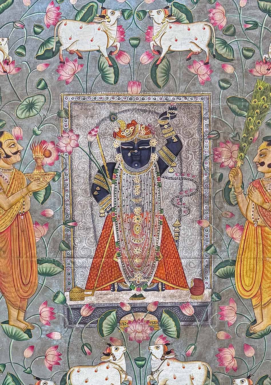 Shrinathji Darshan in Lotus Pond - Pichwai Painting (Handmade / Unframed / 119.3 x 173.4 cm)