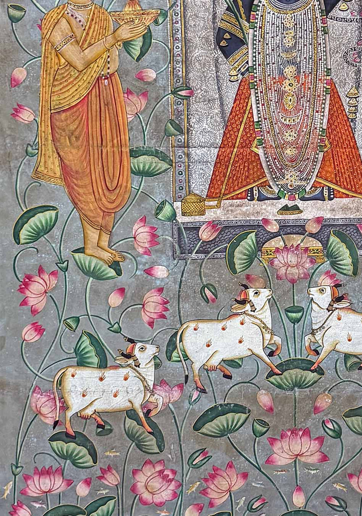 Shrinathji Darshan in Lotus Pond - Pichwai Painting (Handmade / Unframed / 119.3 x 173.4 cm)