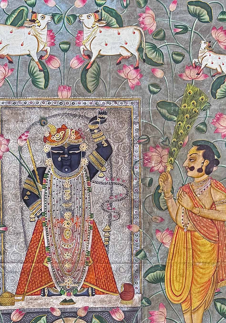 Shrinathji Darshan in Lotus Pond - Pichwai Painting (Handmade / Unframed / 119.3 x 173.4 cm)