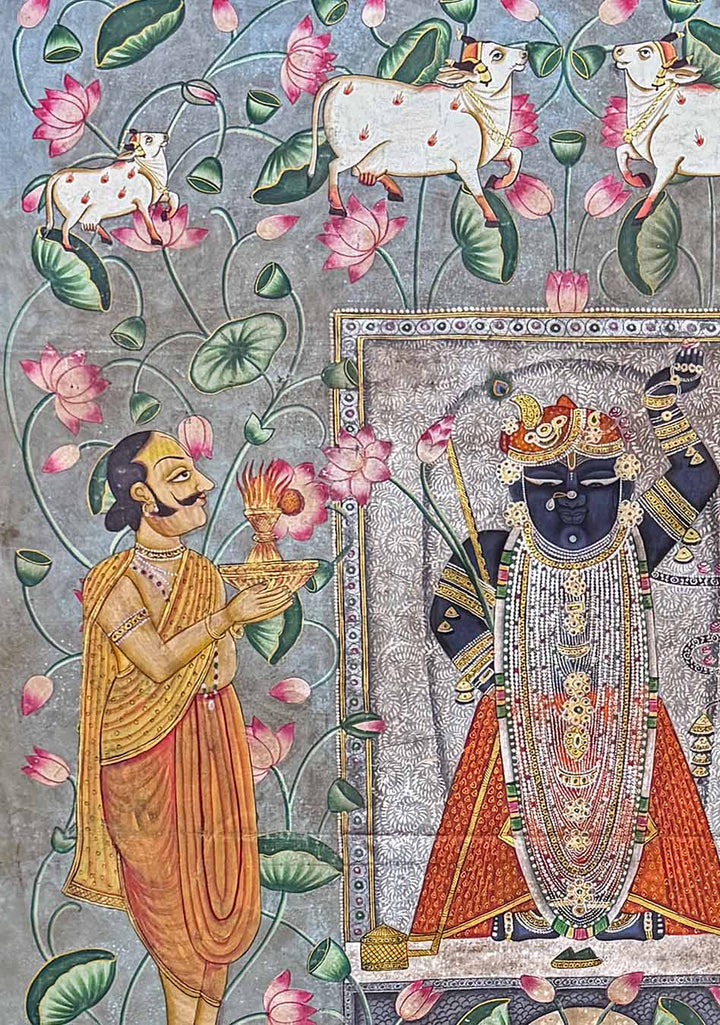 Shrinathji Darshan in Lotus Pond - Pichwai Painting (Handmade / Unframed / 119.3 x 173.4 cm)