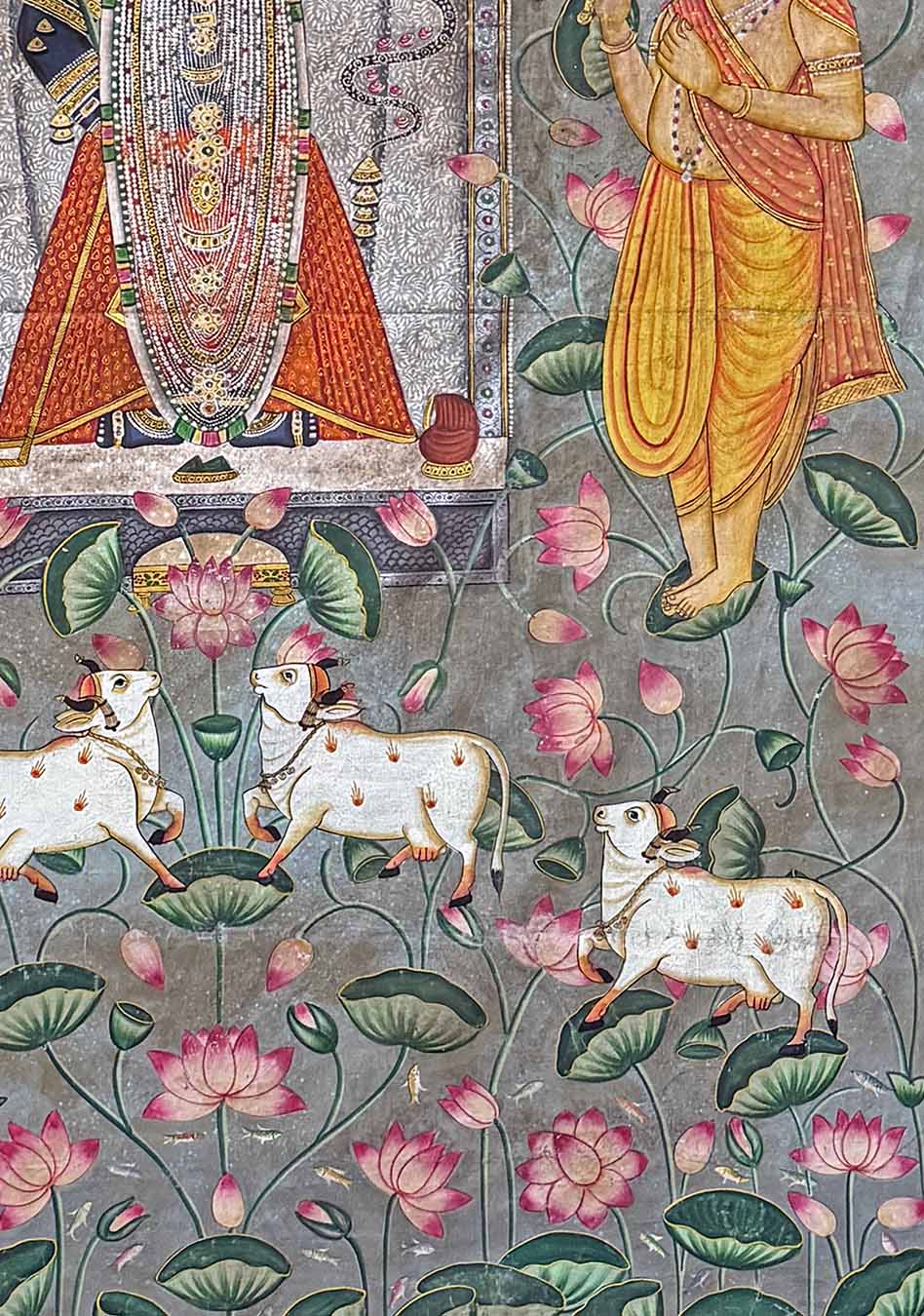 Shrinathji Darshan in Lotus Pond - Pichwai Painting (Handmade / Unframed / 119.3 x 173.4 cm)