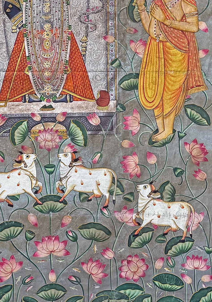 Shrinathji Darshan in Lotus Pond - Pichwai Painting (Handmade / Unframed / 119.3 x 173.4 cm)