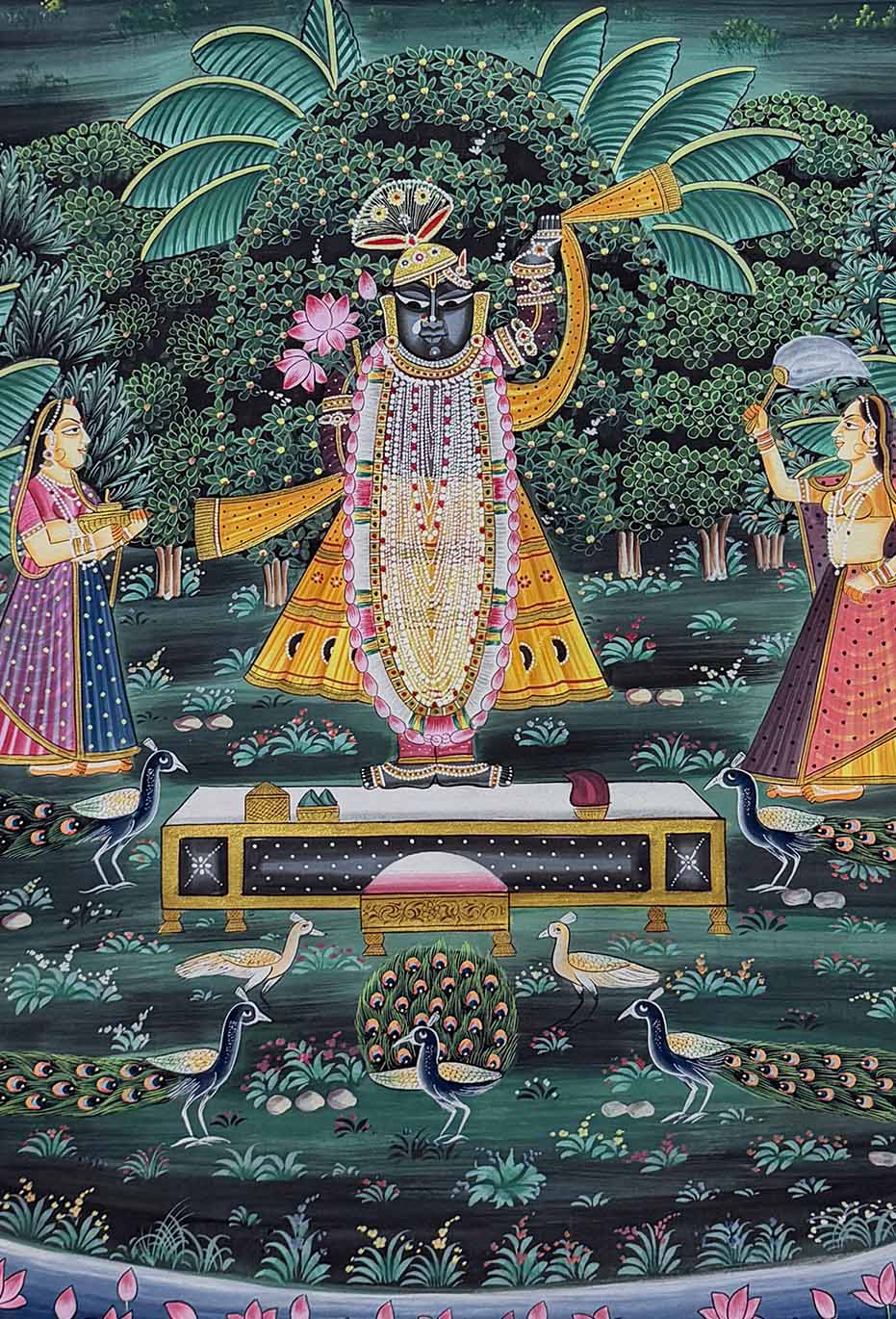 The Handmade Pichwai Painting - Shrinathji Devotees &amp; Peacocks (Unframed / 60.9 x 91.4 cm)