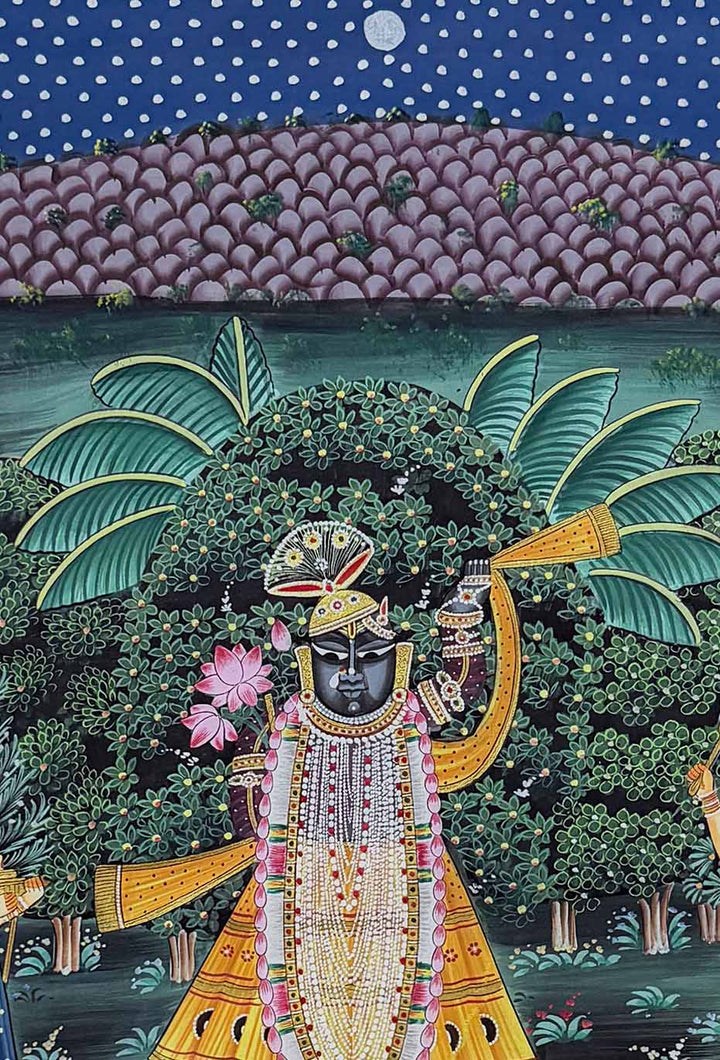 The Handmade Pichwai Painting - Shrinathji Devotees &amp; Peacocks (Unframed / 60.9 x 91.4 cm)