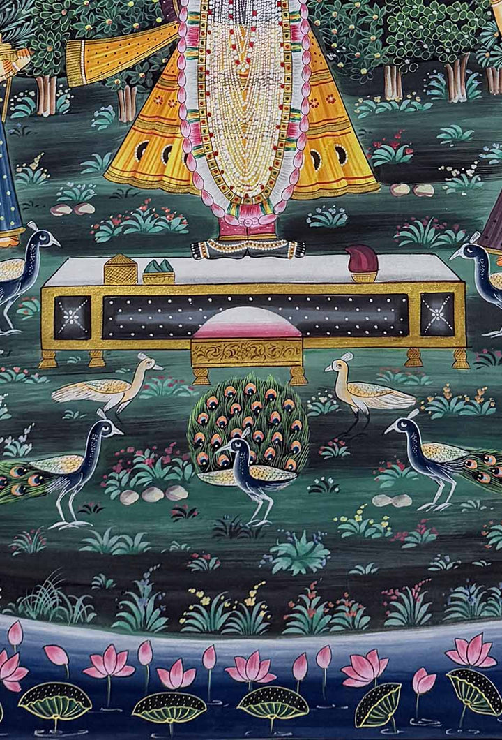 The Handmade Pichwai Painting - Shrinathji Devotees &amp; Peacocks (Unframed / 60.9 x 91.4 cm)