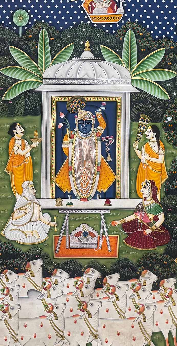 Teen Darshan - Handmade Pichwai Painting (Unframed / 152.4 x 91.4 cm)