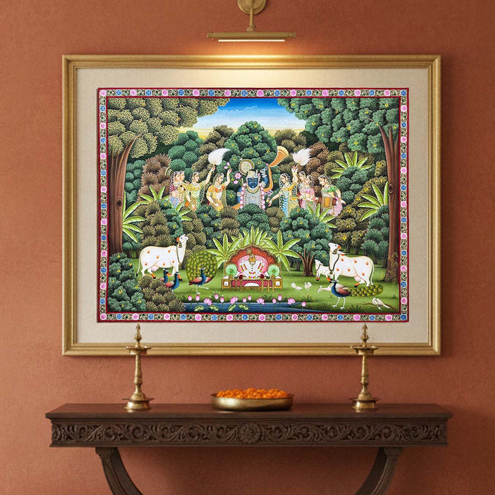 Sewa Kunj - Handmade Pichwai Painting with Real Gold Leafing (Unframed / 120.6 x 91.4 cm)