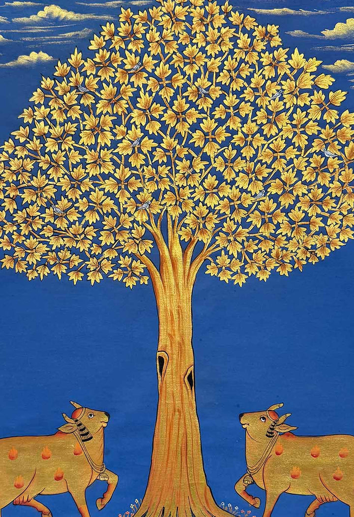 Golden Tree &amp; Cows - Handmade PIchwai Painting (Unframed / 60.9 x 91.4 cm)