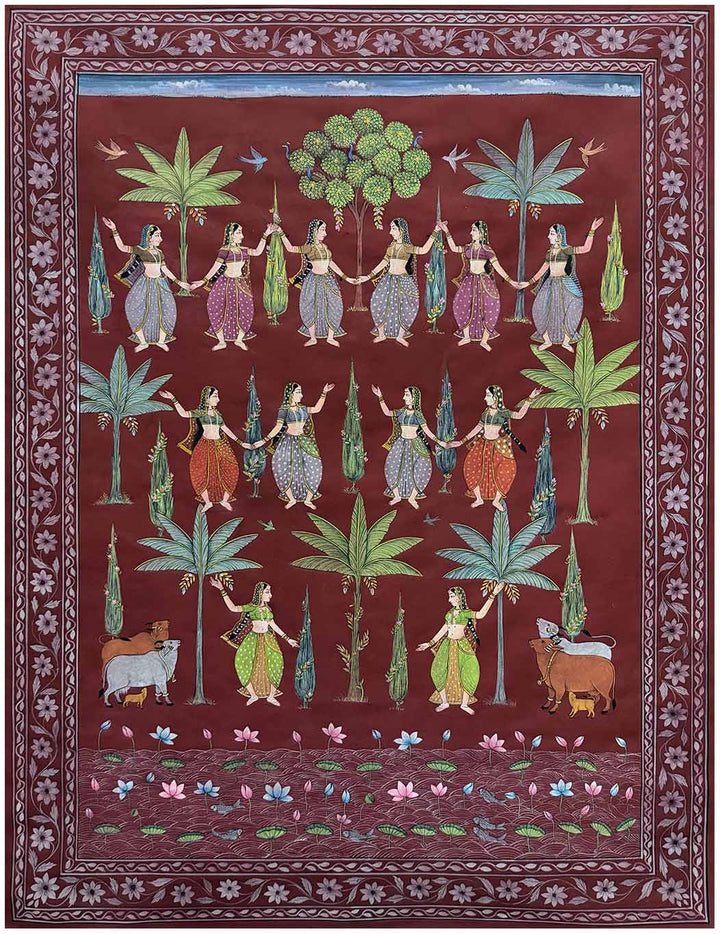 Vintage Sakhis with Kadam tree - Handmade Painting (Unframed / 109.2 x 152.4 cm)