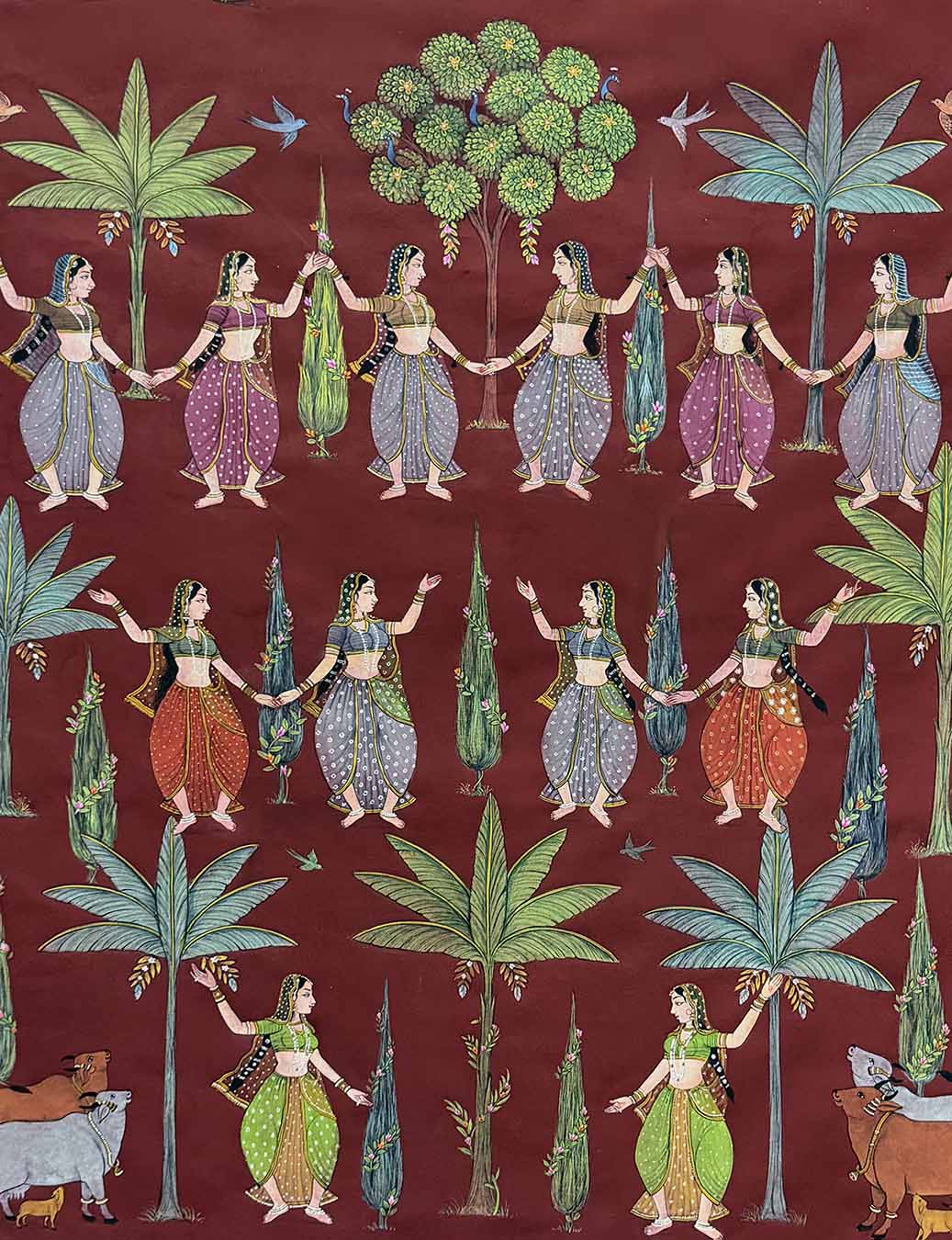 Vintage Sakhis with Kadam tree - Handmade Painting (Unframed / 109.2 x 152.4 cm)