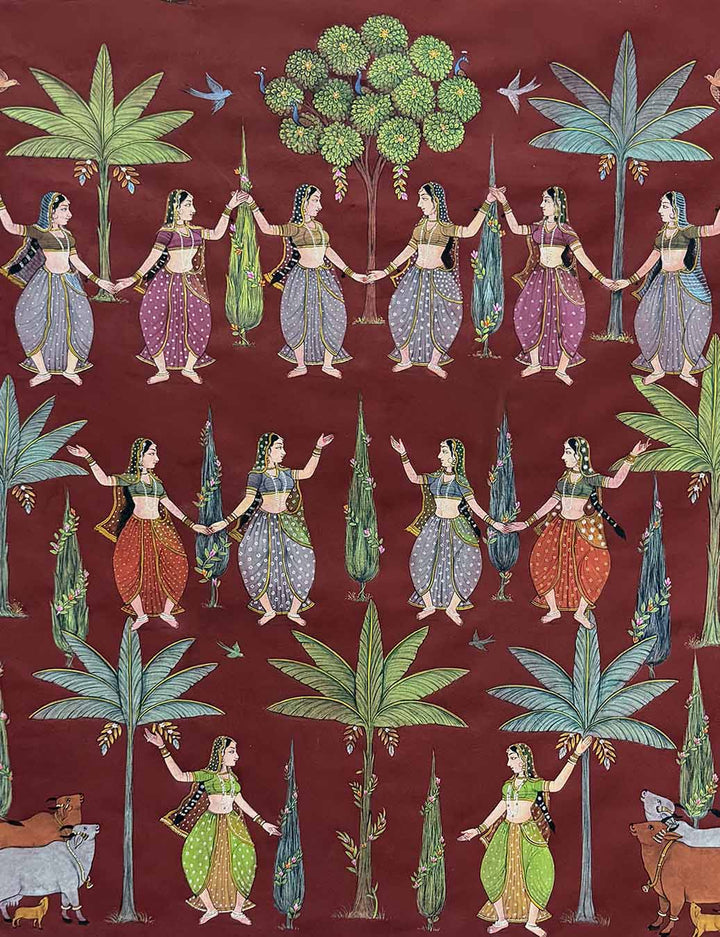 Vintage Sakhis with Kadam tree - Handmade Painting (Unframed / 109.2 x 152.4 cm)
