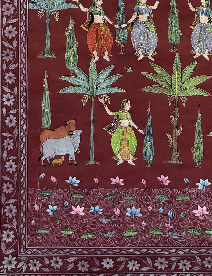 Vintage Sakhis with Kadam tree - Handmade Painting (Unframed / 109.2 x 152.4 cm)