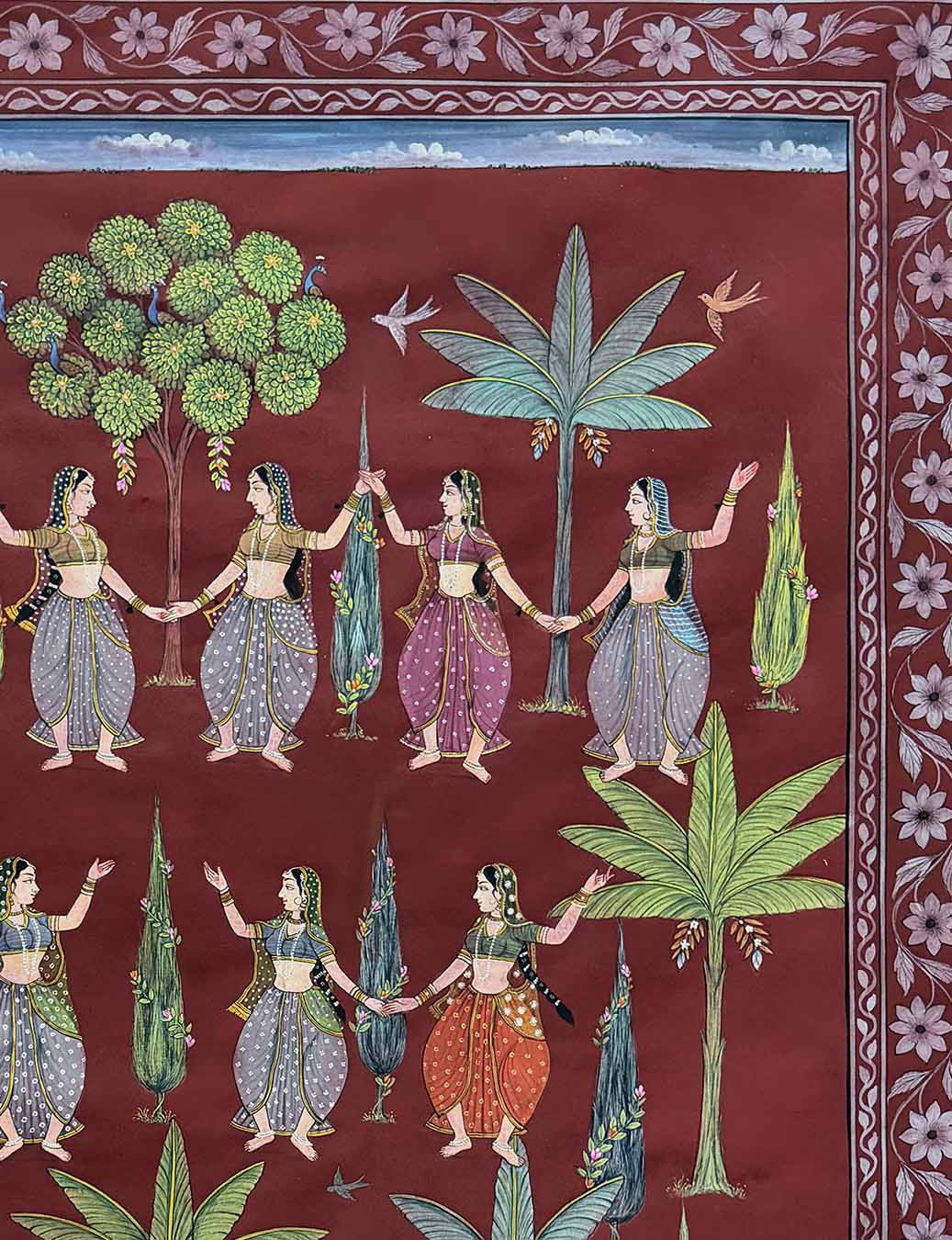 Vintage Sakhis with Kadam tree - Handmade Painting (Unframed / 109.2 x 152.4 cm)