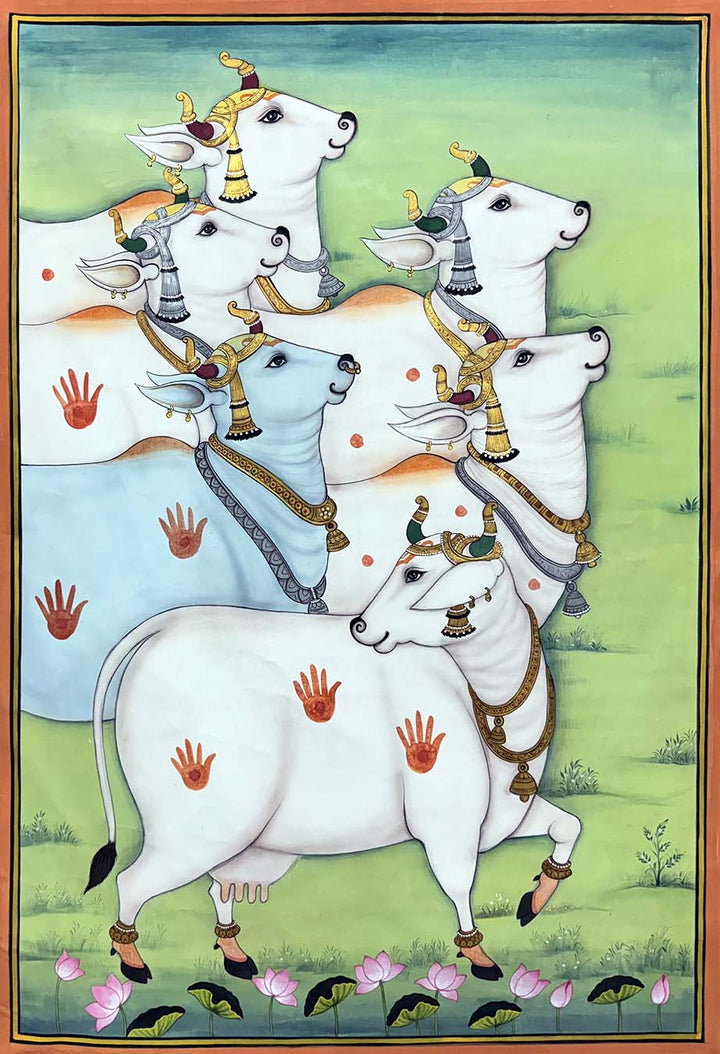 Krishna Hidden in The Tree of Life &amp; Cows - Set of 3 Handmade Paintings (Unframed)
