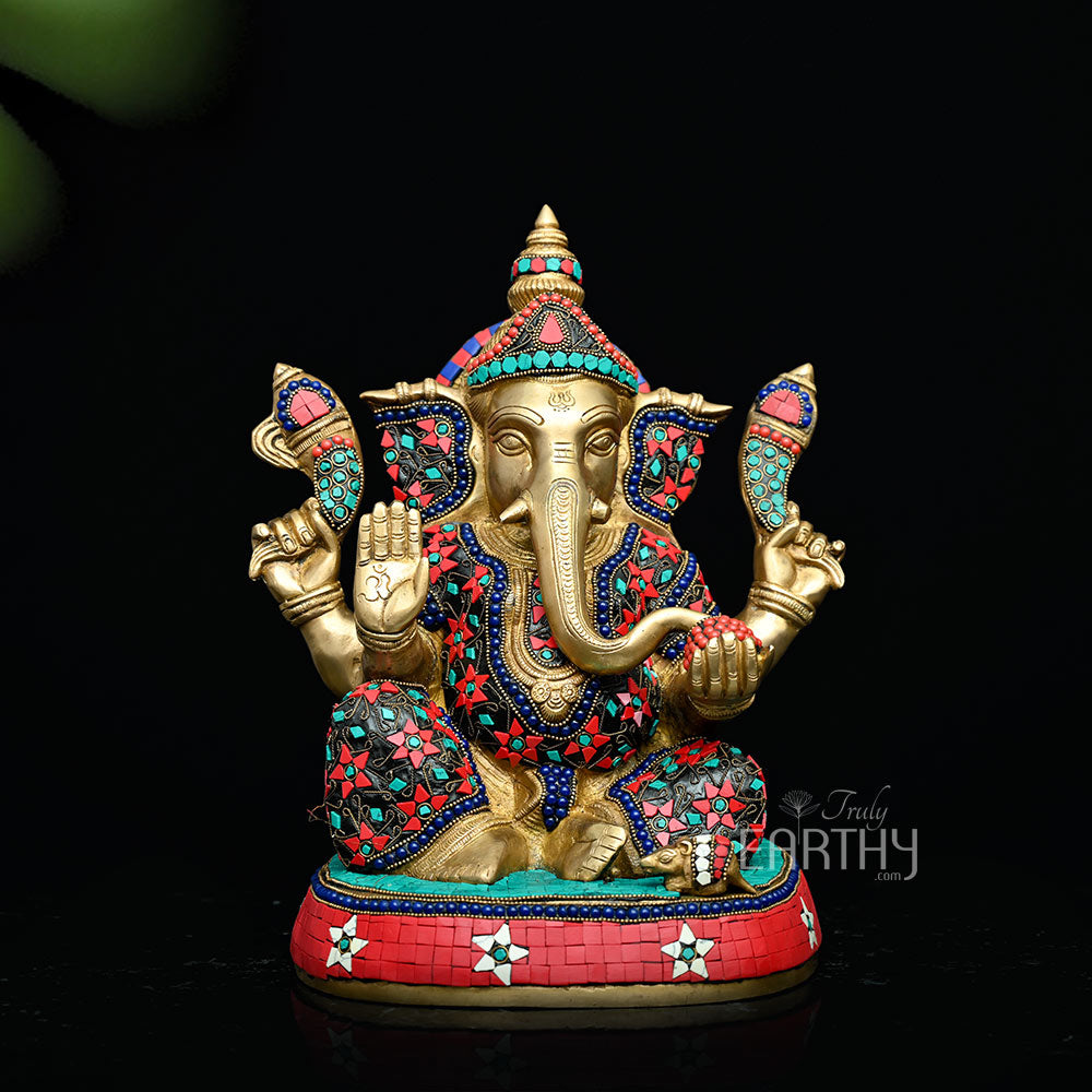 Brass Ganesha Idol | Fine Stone Work
