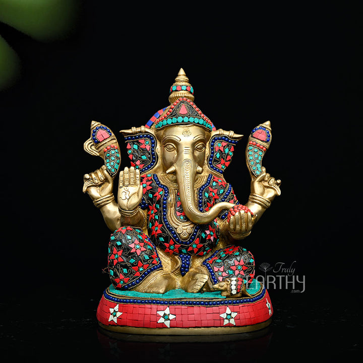 Brass Ganesha Idol | Fine Stone Work