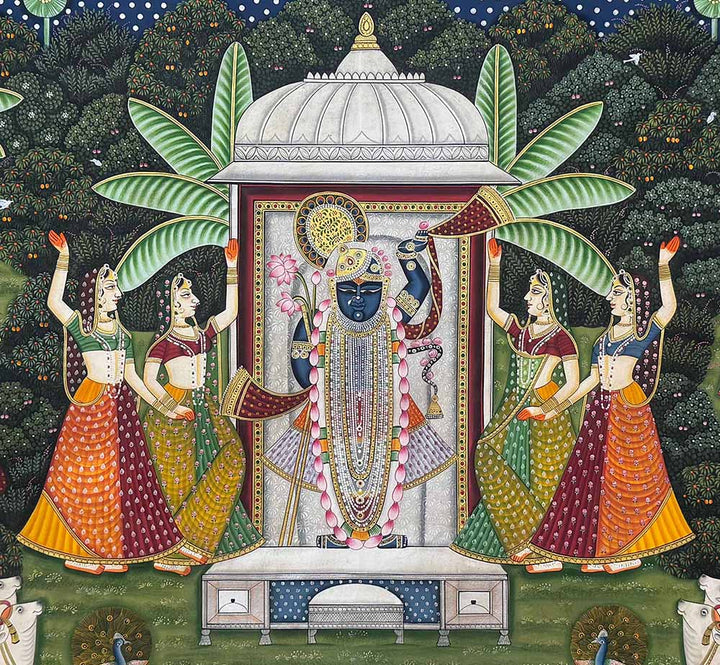 Teen Darshan - Handmade Pichwai Painting (Unframed / 152.4 x 91.4 cm)