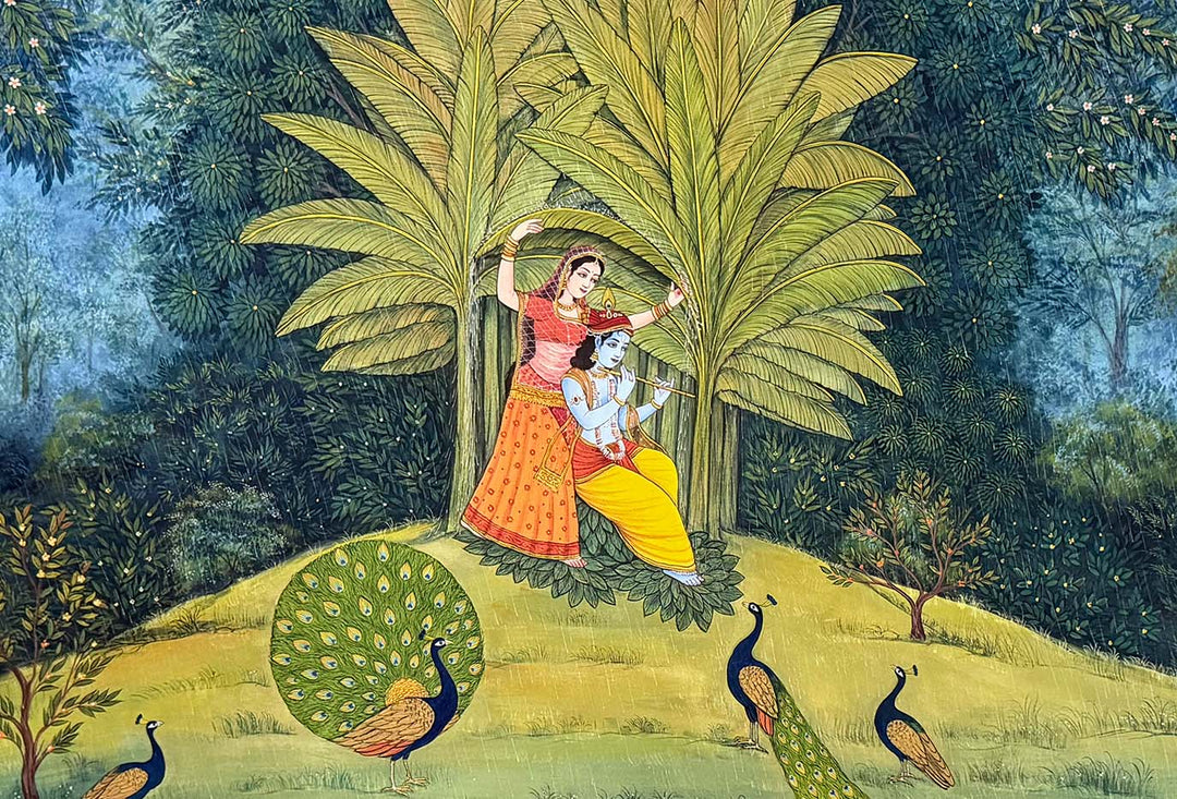 Radha Sheltering Krishna During the Monsoon Raga (Handmade Pichwai Painting / Unframed / 111.7 x 167.6 cm)