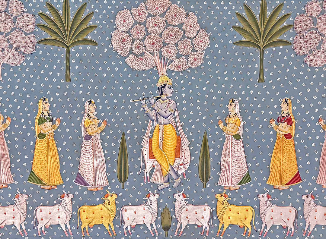 Vintage Krishna in Vrindavan -  Pichwai Painting (Handmade / Unframed / 91.4 x 120.6 cm)