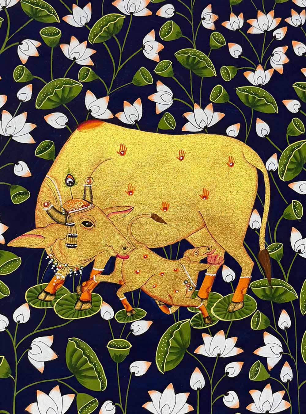 Cow &amp; Calf Pichwai Painting (Handmade / Unframed / 55.3 x 40 cm)
