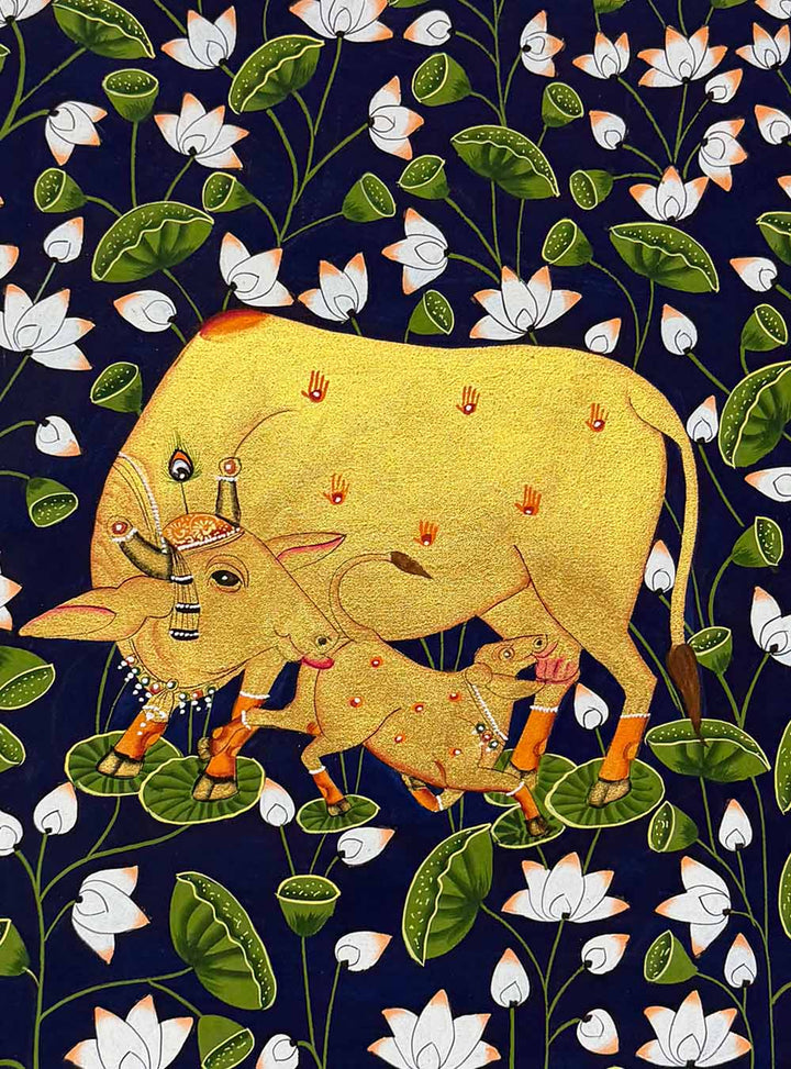 Cow &amp; Calf Pichwai Painting (Handmade / Unframed / 55.3 x 40 cm)