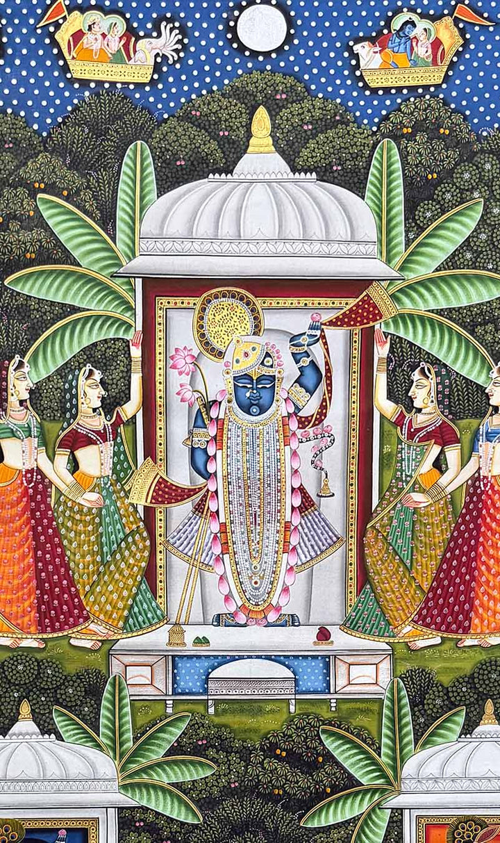 Teen Darshan - Handmade Pichwai Painting (Unframed / 91.4 x 152.4 cm)