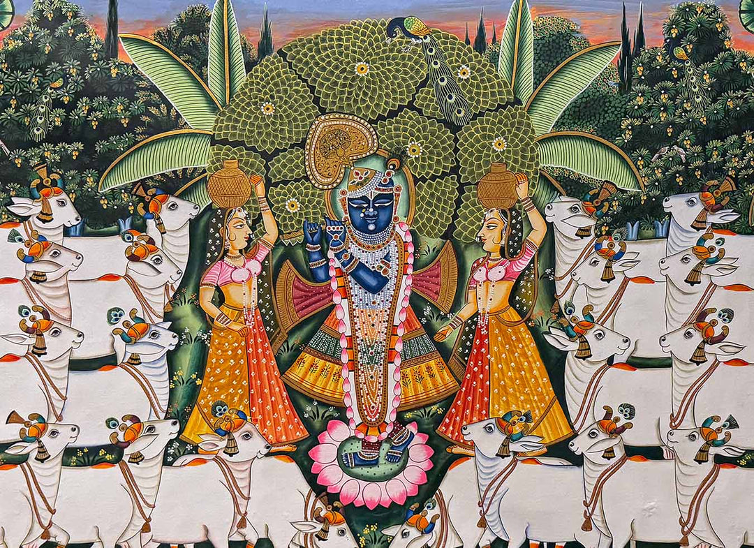 Shrinathji with Cows in Forest - Handmade Pichwai Painting (Unframed)