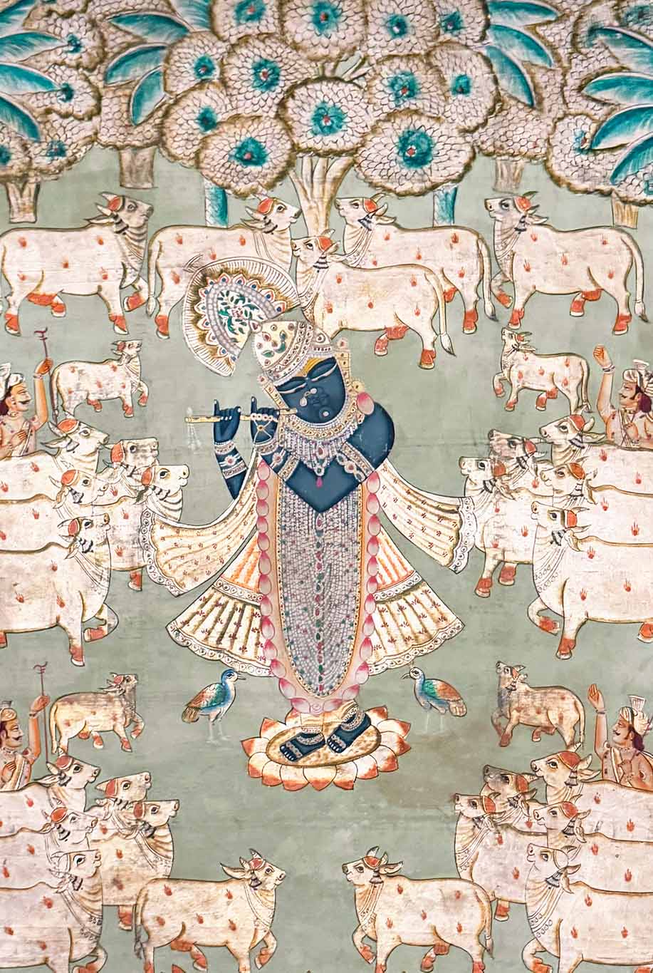 Shrinathji &amp; Cows - Pichwai Painting (Handmade / Unframed / 92.7 x 147.8 cm)