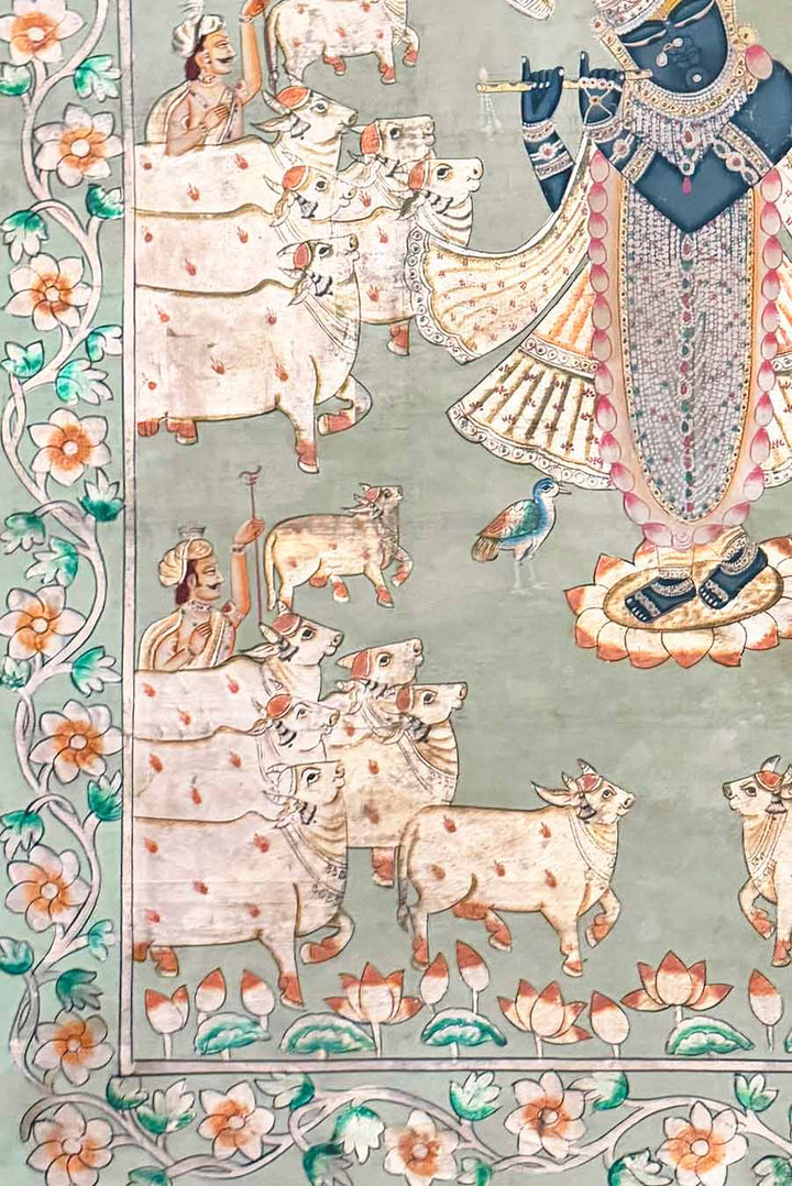 Shrinathji &amp; Cows - Pichwai Painting (Handmade / Unframed / 92.7 x 147.8 cm)