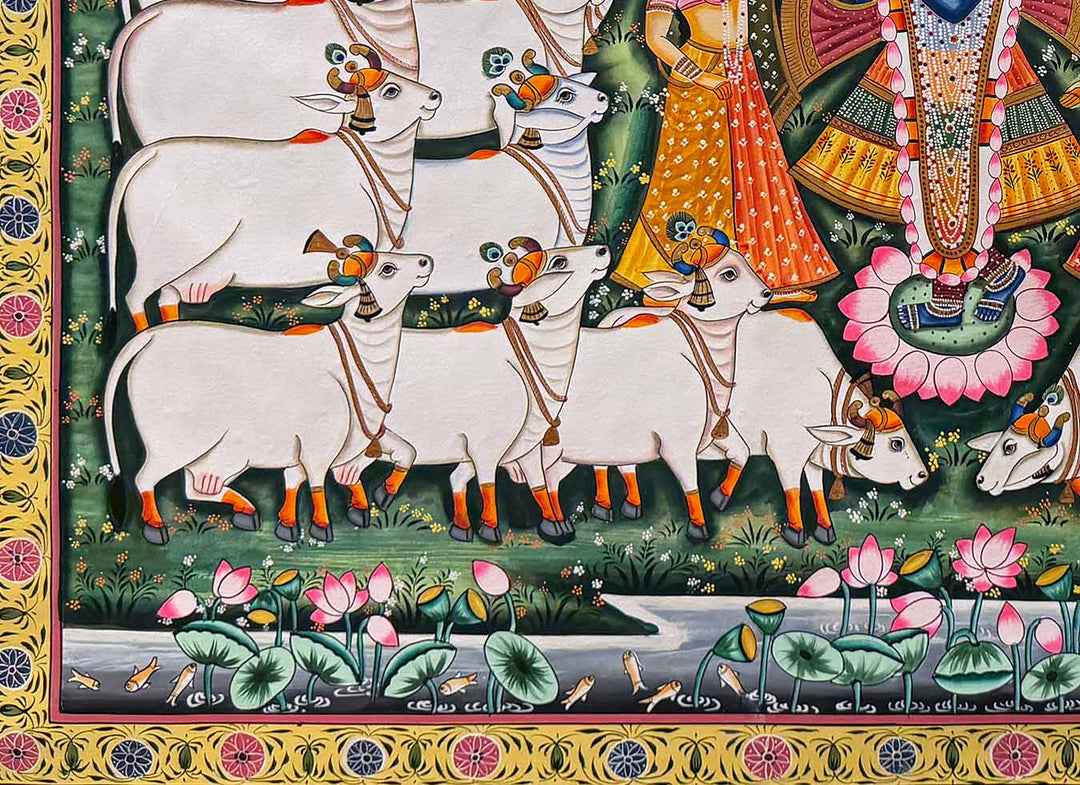 Shrinathji with Cows in Forest - Handmade Pichwai Painting (Unframed)