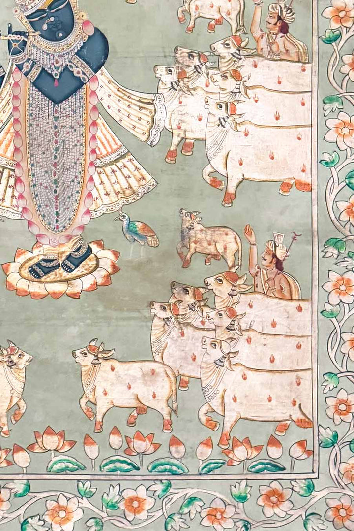 Shrinathji &amp; Cows - Pichwai Painting (Handmade / Unframed / 92.7 x 147.8 cm)