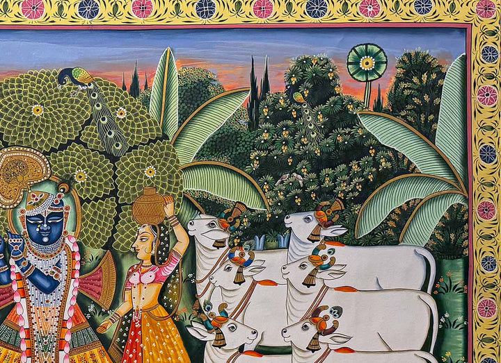 Shrinathji with Cows in Forest - Handmade Pichwai Painting (Unframed)