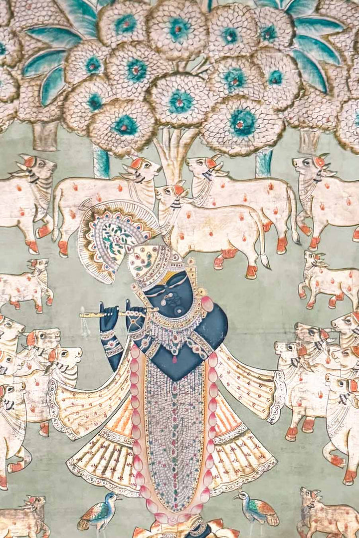 Shrinathji &amp; Cows - Pichwai Painting (Handmade / Unframed / 92.7 x 147.8 cm)