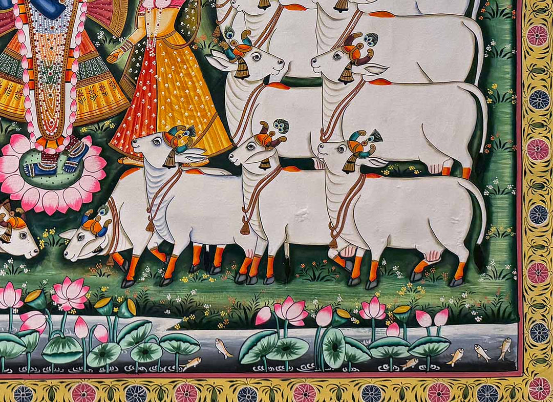 Shrinathji with Cows in Forest - Handmade Pichwai Painting (Unframed)