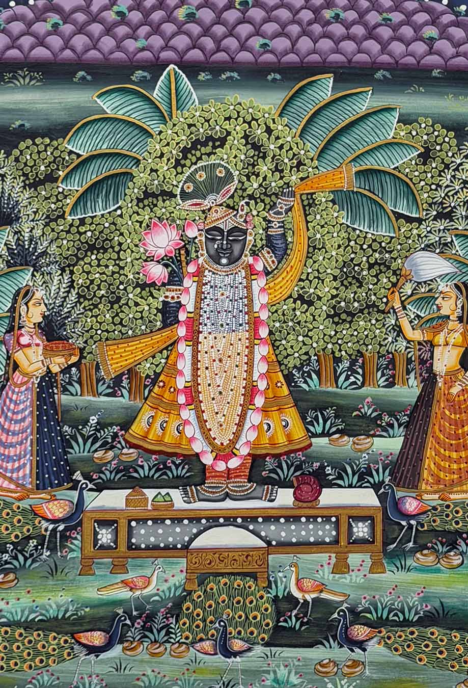 The Handmade Pichwai Painting - Shrinathji Devotees &amp; Peacocks (Unframed / 60.9 x 91.4 cm)
