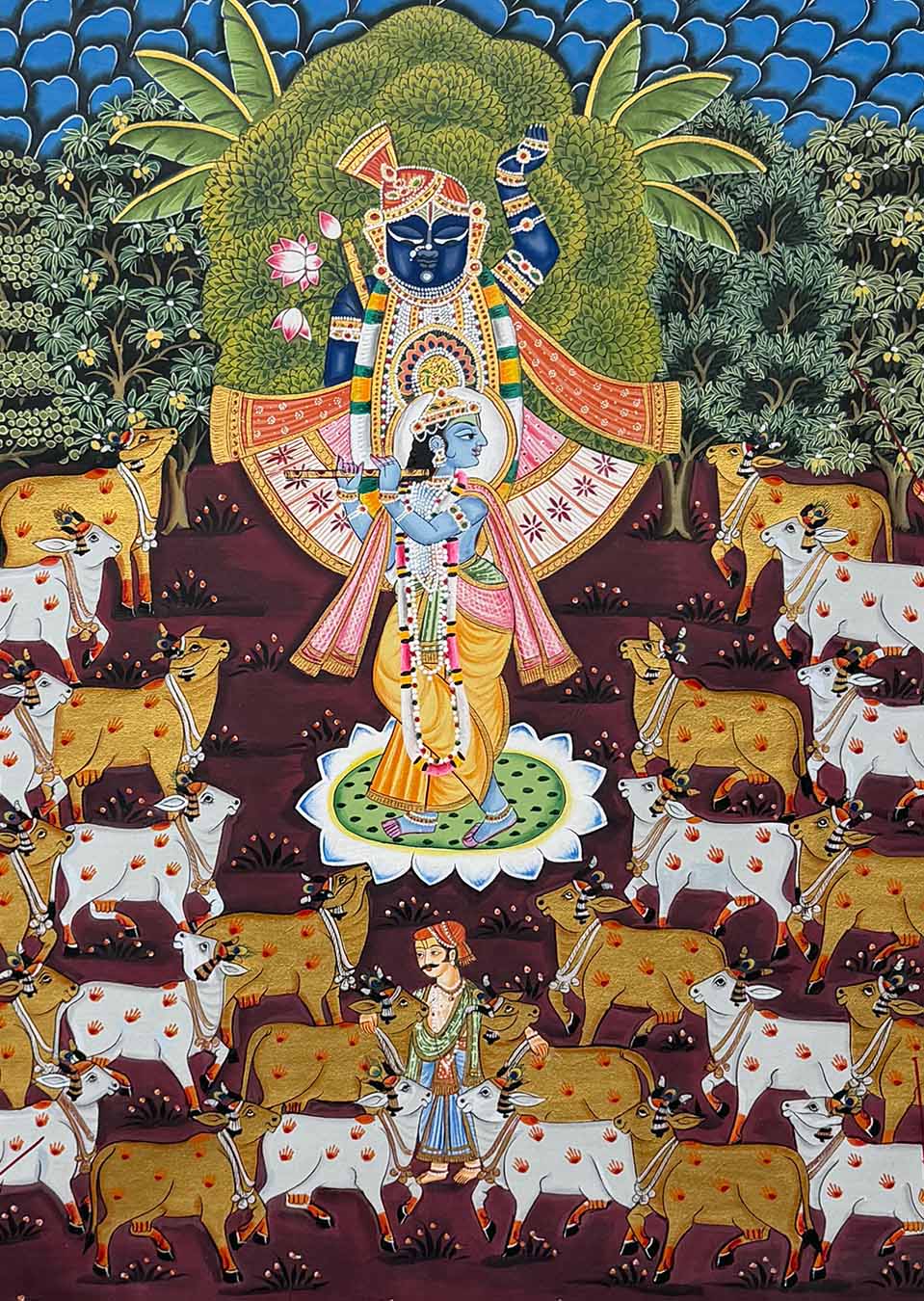 Shrinathji &amp; Krishna - Handmade Pichwai Painting ( 91.4 x 60.9 cm / Unframed)