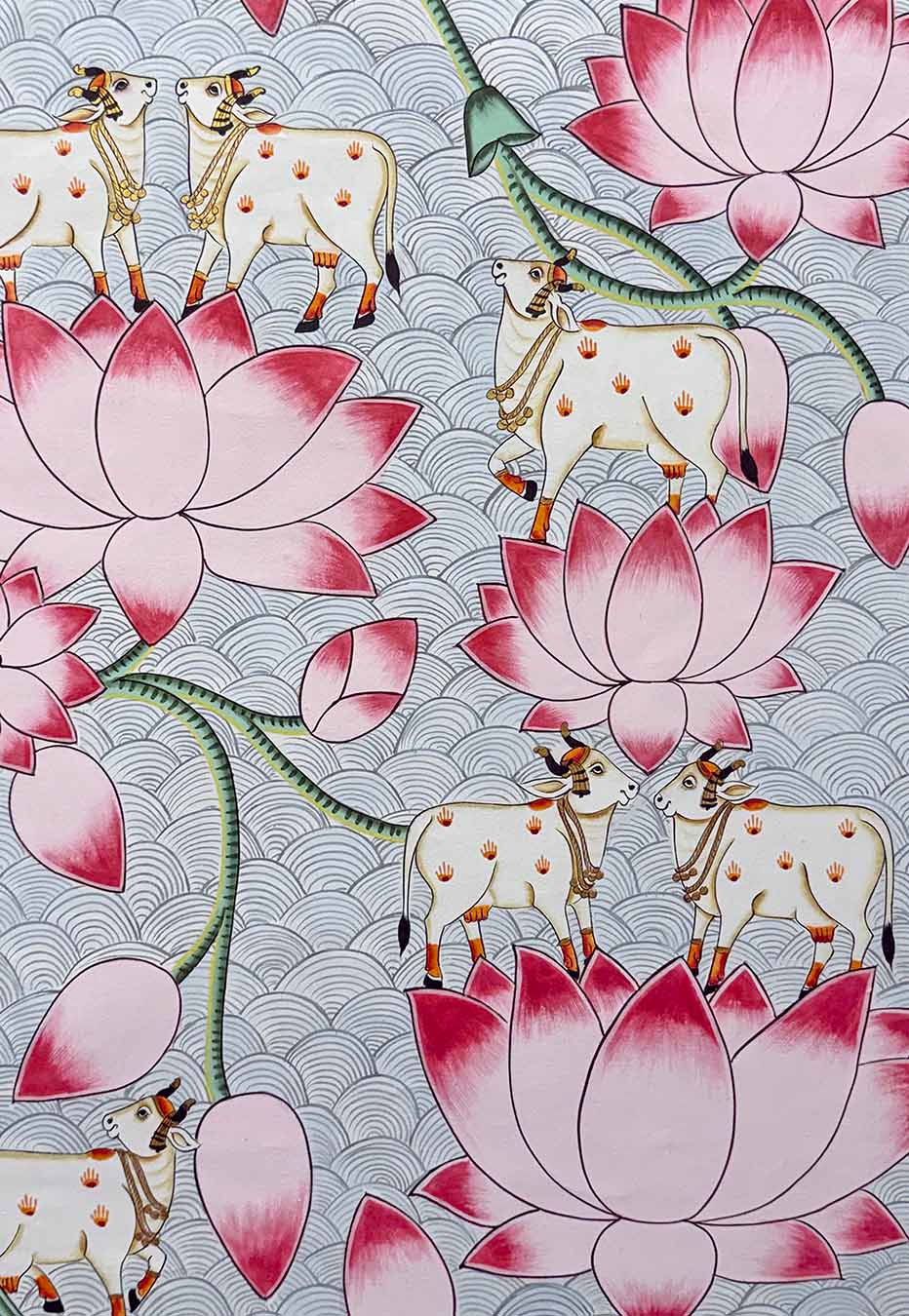 Fine Cows &amp; Lotus - Handmade Pichwai Painting (Unframed / 60.9 x 91.4 cm)