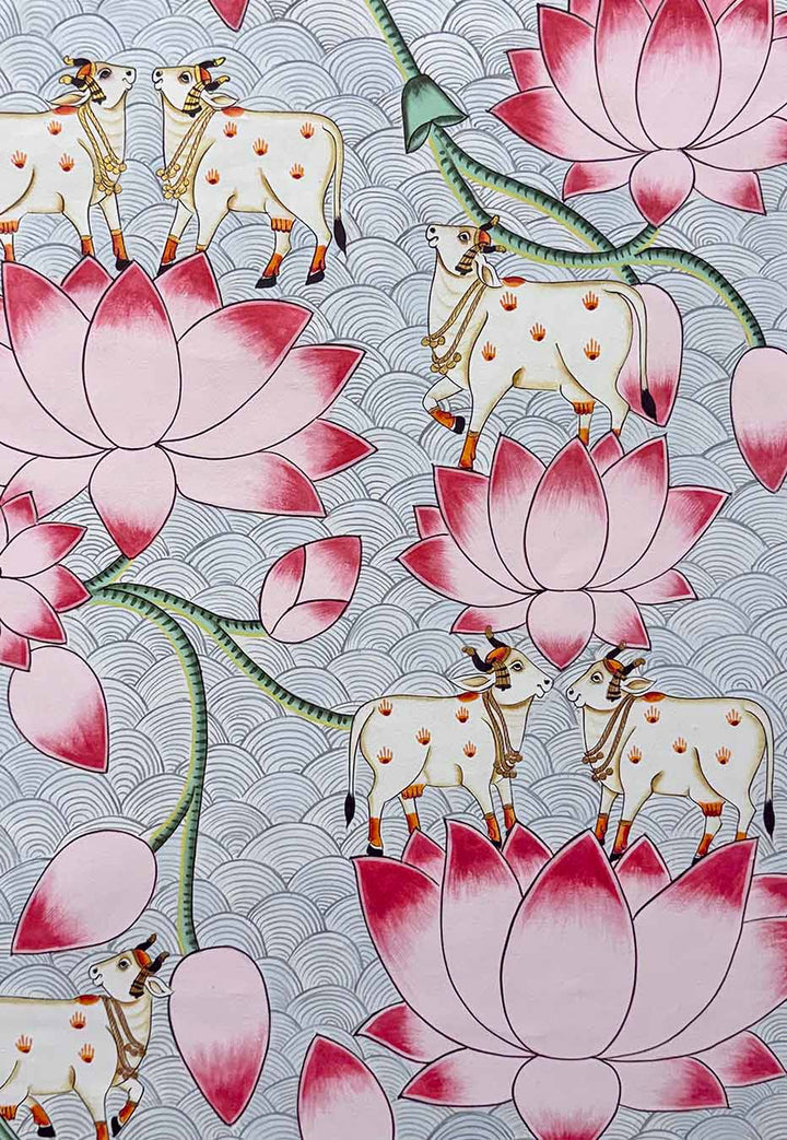 Fine Cows &amp; Lotus - Handmade Pichwai Painting (Unframed / 60.9 x 91.4 cm)