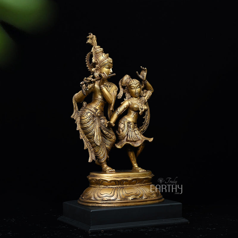 Radha & Krishna in Divine Dance | Handmade Brass Statue (with wooden base)