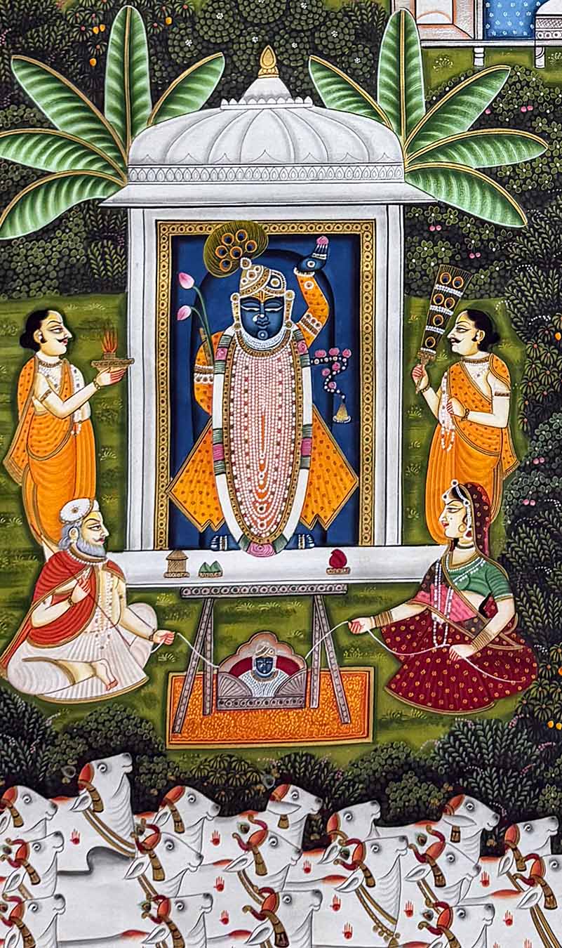 Teen Darshan - Handmade Pichwai Painting (Unframed / 91.4 x 152.4 cm)