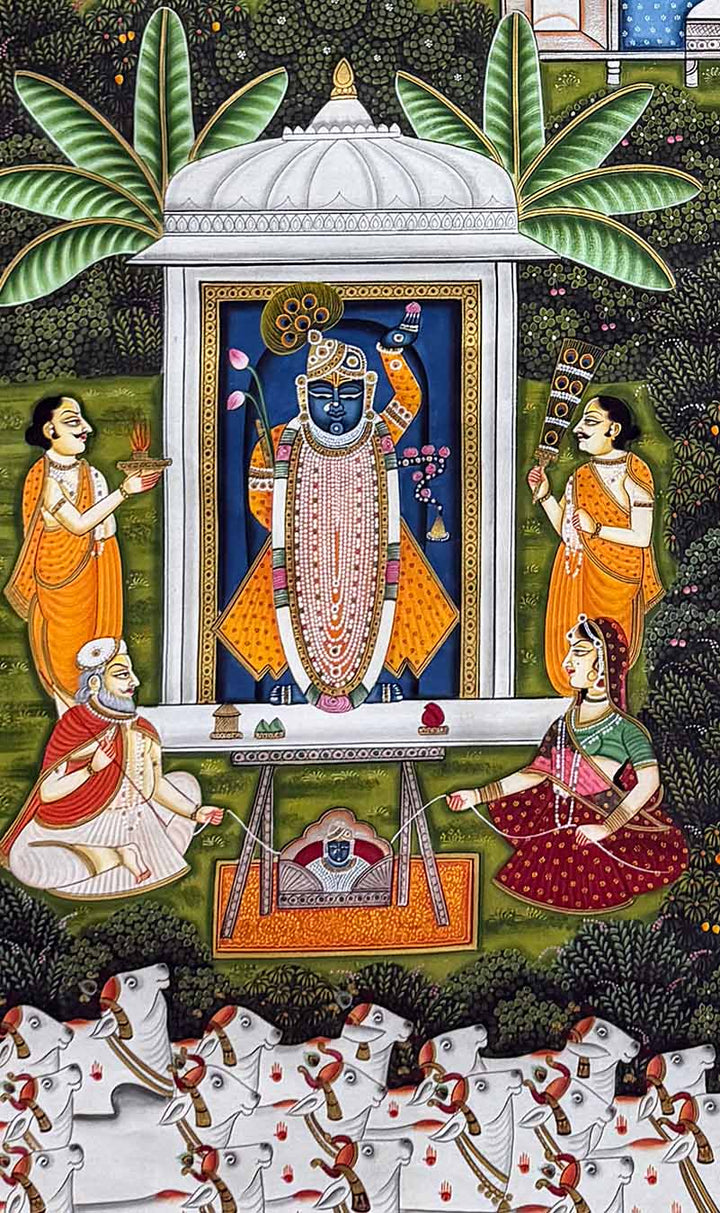 Teen Darshan - Handmade Pichwai Painting (Unframed / 91.4 x 152.4 cm)