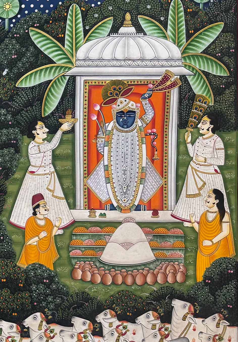 Teen Darshan - Handmade Pichwai Painting (Unframed / 152.4 x 91.4 cm)