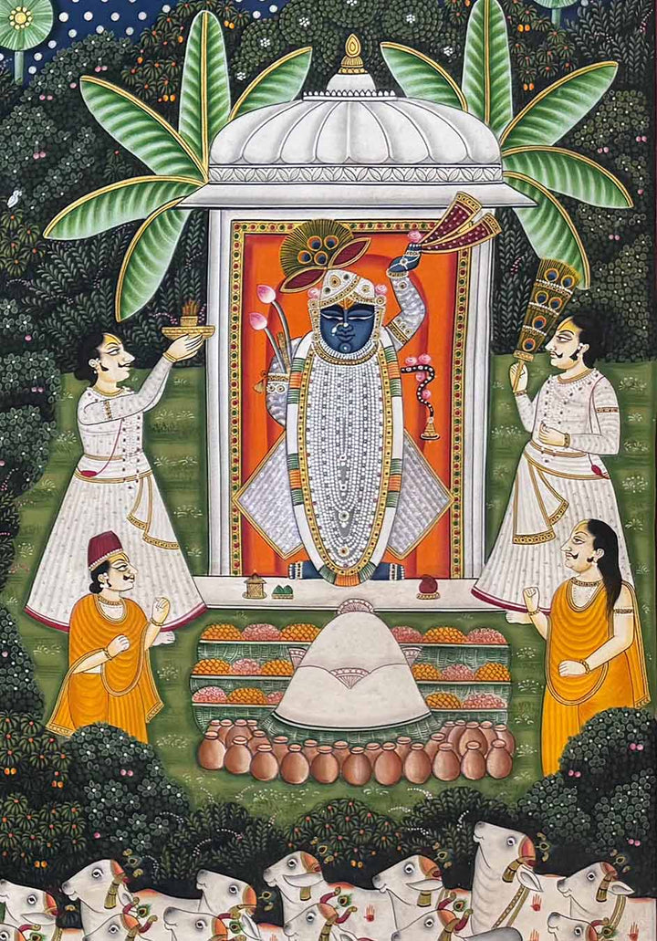 Teen Darshan - Handmade Pichwai Painting (Unframed / 152.4 x 91.4 cm)