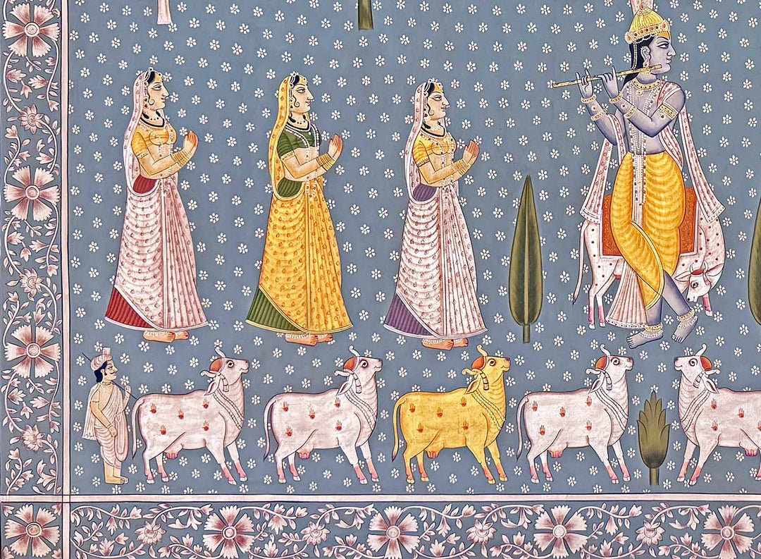 Vintage Krishna in Vrindavan -  Pichwai Painting (Handmade / Unframed / 91.4 x 120.6 cm)